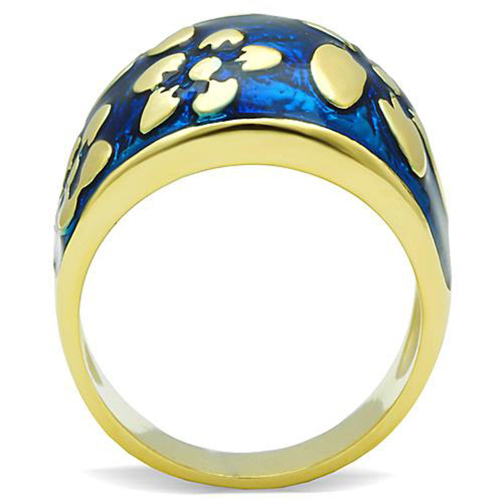 ARTK1399 Stainless Steel 14K Gold Plated & Capri Blue Epoxy Flower Fashion Ring Size 5-10